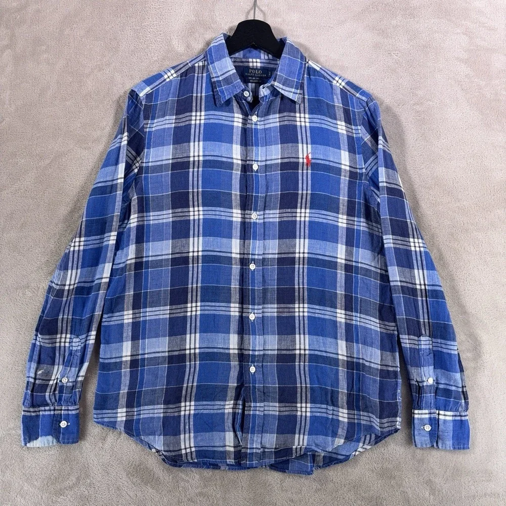 Polo Ralph Lauren Linen Button Down Shirt Mens Small Blue Plaid Long Sleeve